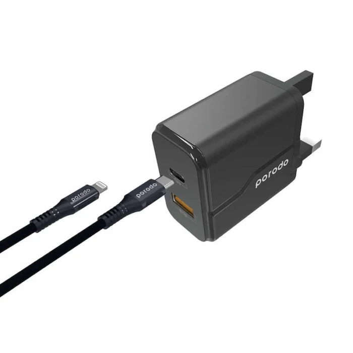 Porodo Dual Port Wall Charger PD 20W + QC3.0 UK with Braided Type-C to Lightning PD Cable 1.2m - Black (3)