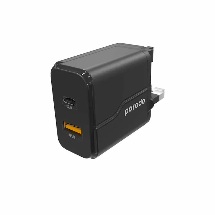 Porodo Dual Port Wall Charger PD 20W + QC3.0 UK with Braided Type-C to Lightning PD Cable 1.2m - Black (4)