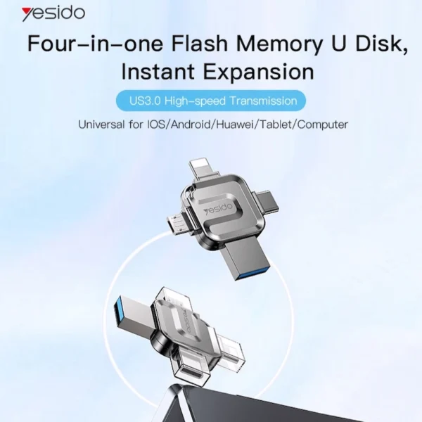 محرك أقراص فلاش USB Yesido 4 في 1 بسعة 128 جيجابايت، Lightning، Mirco USB، Type-C